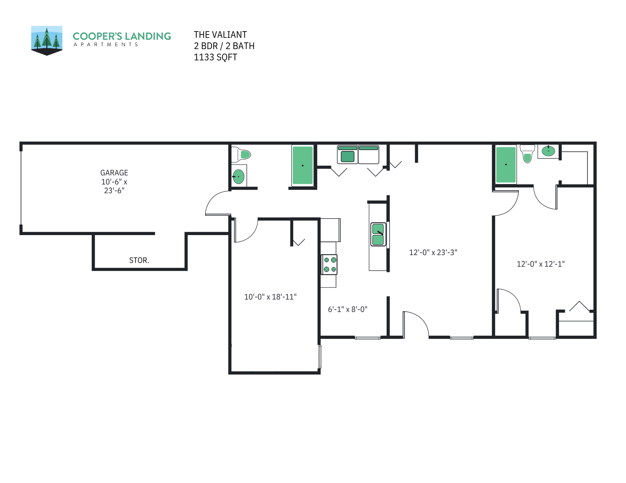 Floor plan for 2 beds, 2 baths, 1133 sqft